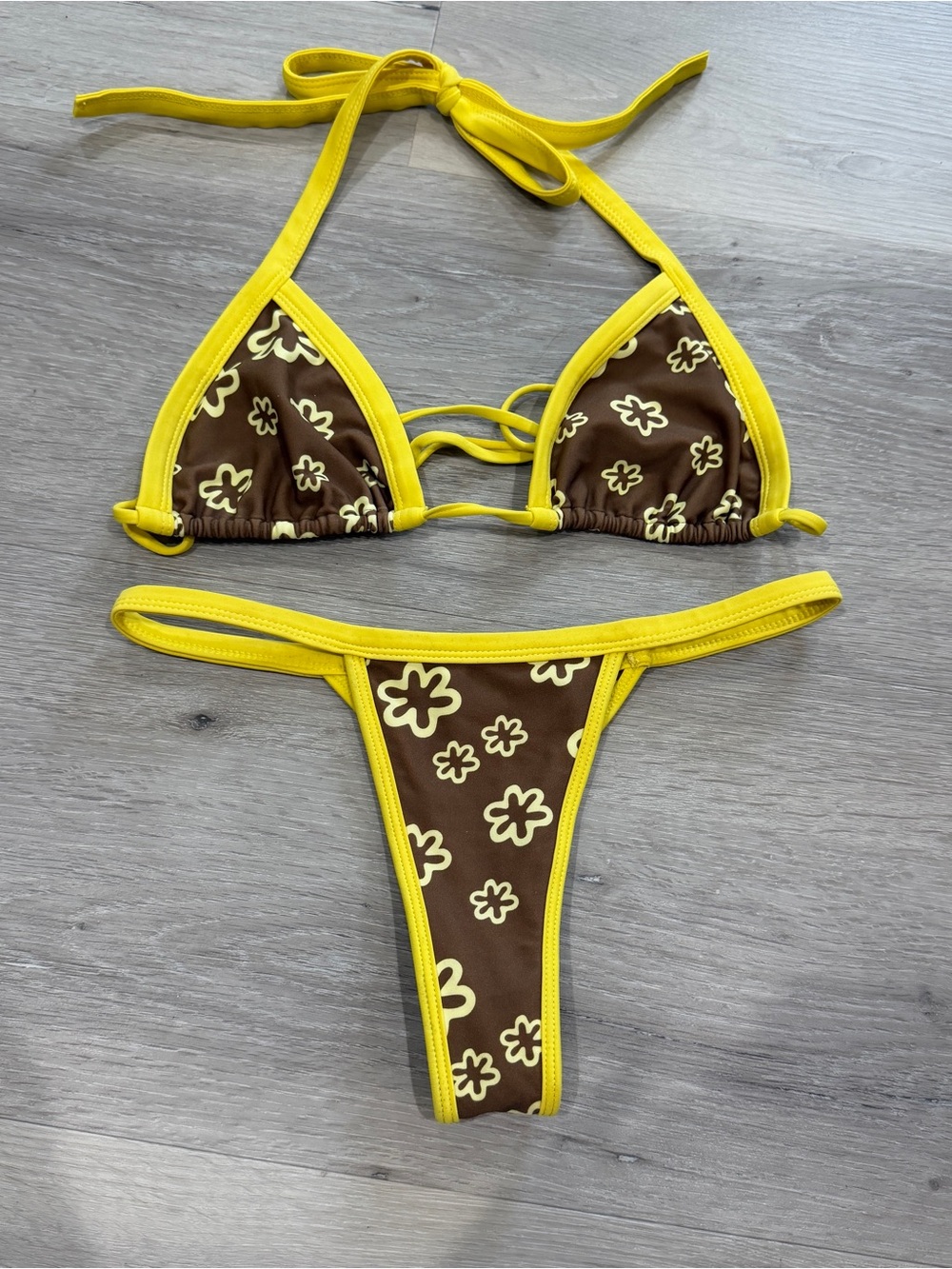 Brown Floral Triangle Bikini with Yellow Trim